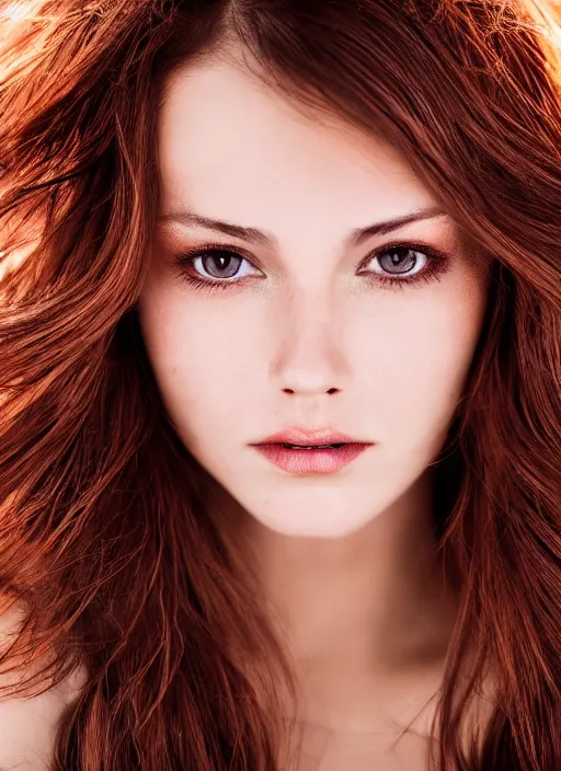 Prompt: Close-up portrait photo of a beautiful girl with light brown hair with red highlights , Cinematic Lighting , Low-key light, flash studio,one light, in the style of Lindsay Adler, dark background, high quality