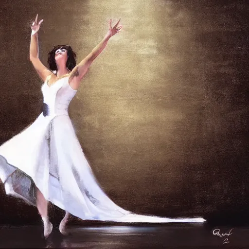 Image similar to Painting by Greg Rutkowski, an opera singer in a white dress with wings on stage