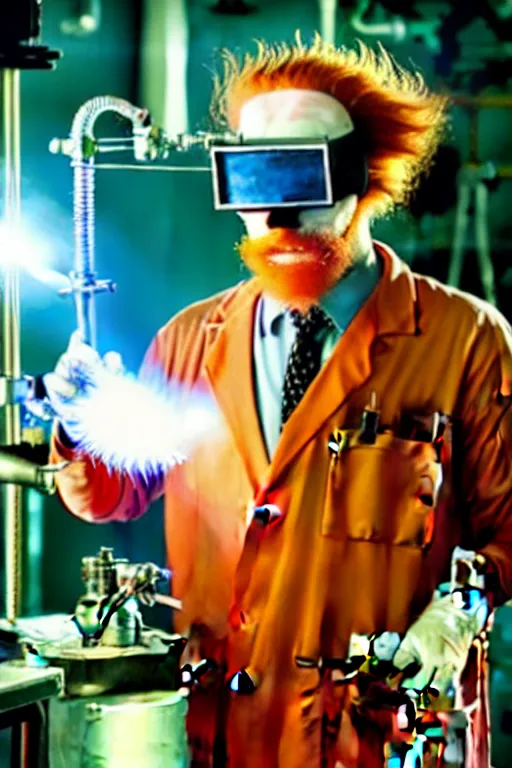 Image similar to an awkwardly tall scientist with 3 eyes and a tangled beard and unruly red hair atop his balding head wearing a labcoat and welding goggles and holding a beaker, high resolution film still, movie by Ivan Reitman