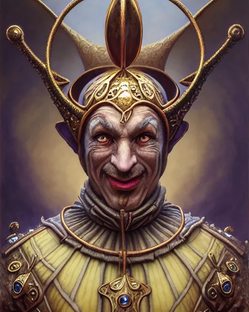 Prompt: front shot of a court jester character, hyperdimensional, intricate, elegant, highly detailed, centered, (((artstation, concept art, smooth, sharp focus, artgerm, Tomasz Alen Kopera, Peter Mohrbacher, donato giancola, Joseph Christian Leyendecker, WLOP, Boris Vallejo))), mugshot!!!!!, ugly!!!!!!, octane render, nvidia raytracing demo, grainy, muted