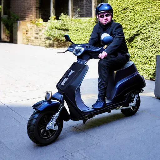 Image similar to oliver tree riding a scooter