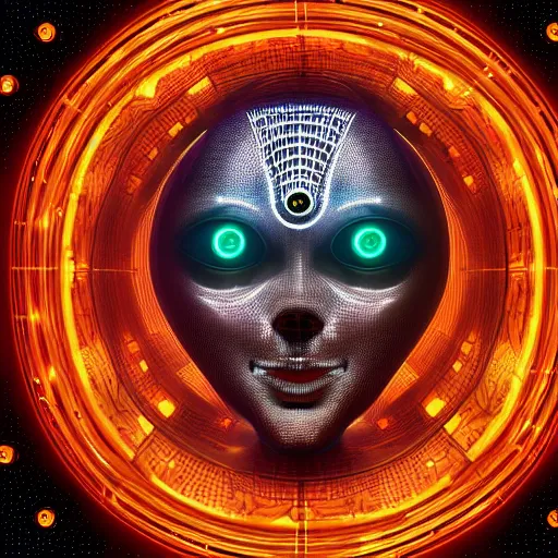 Image similar to an insanely detailed cibernetic artwork of a futuristic artificial intelligence superstar, centered image, perfectly symmetrical alien face, with frames made of detailed fractals, octsne render, 4k, insanely detailed, detailed grid as background, cgi