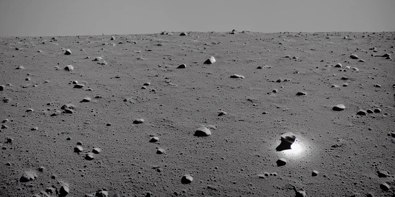 Image similar to view from the surface of the moon, cinematic film still, film grain, looking up at tall white space, glowing landing lights on spaceship, stars and space in the background, fog and dust, full frame photography