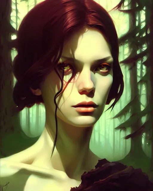 Prompt: stylized portrait of an artistic pose, composition, old ugly horror witch forest dark surrounded by nature, realistic shaded, fine details, realistic shaded lighting poster by ilya kuvshinov, magali villeneuve, artgerm, jeremy lipkin and michael garmash and rob rey