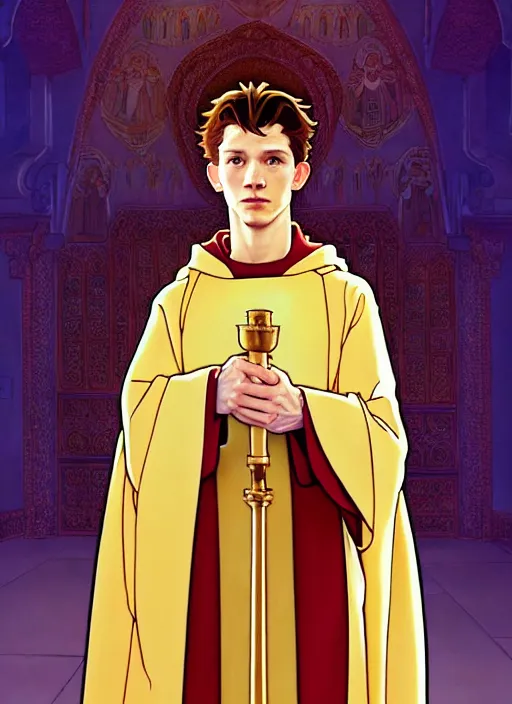 Image similar to tom holland as a priest wearing robes. holding golden candlestick, in a monestry natural lighting, path traced, highly detailed, high quality, digital painting, by don bluth and ross tran and studio ghibli and alphonse mucha, artgerm