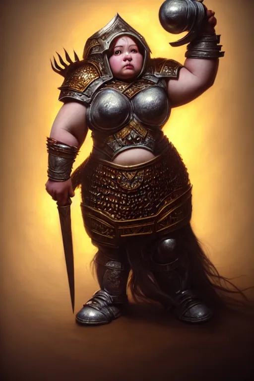 Image similar to hyperrealistic mixed media painting of a female dwarven cleric, chubby short stature, d&d, full body, mighty warhammer slug over her shoulder, stunning 3d render inspired art by P. Craig Russell and Barry Windsor-Smith + perfect facial symmetry + dim volumetric lighting, 8k octane beautifully detailed render, post-processing, extremely hyperdetailed, intricate, epic composition, grim yet sparkling atmosphere, cinematic lighting + masterpiece, trending on artstation, very very detailed, masterpiece, stunning