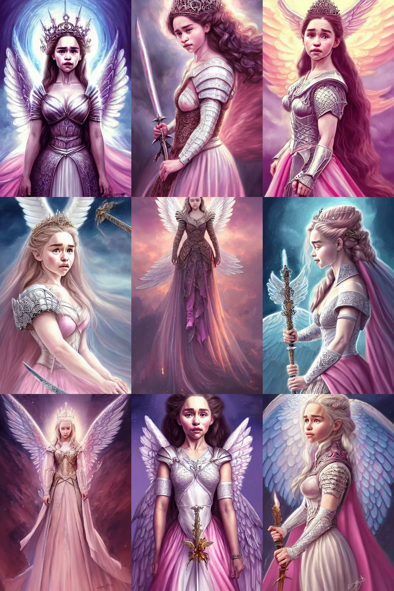 Prompt: gorgeous!! hyper - realistic woman resembling emilia clarke as a princess wearing ornate pink knight armor, angel wings, angemon l holding a fiery long sword | divine, elegant, ethereal, heavenly, clouds, holy, fantasy | illustration, intricate, high detail, ultra graphics, digital painting | drawn by wlop, drawn by jeehyung lee, drawn by artgerm
