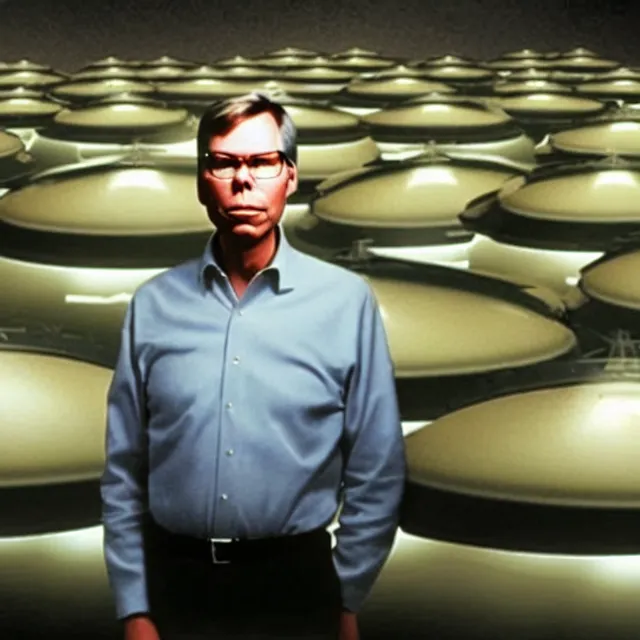 Image similar to a photo of bob lazar with a hangar full of flying saucers at area 5 1, photorealistic, high detail