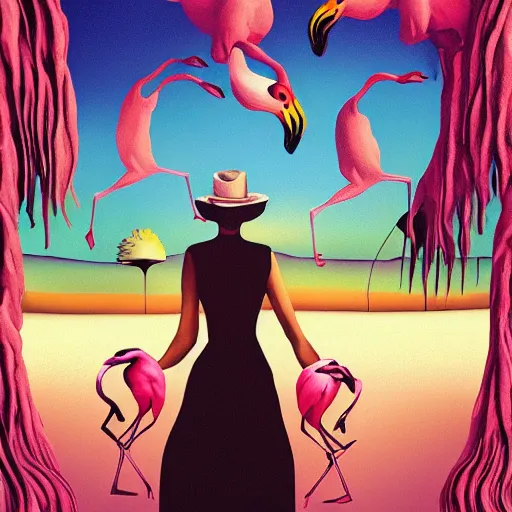 Image similar to A surreal comic noir illustration of a puzzle containing a beautiful woman and Flamingos on a desert beach oasis by Salvador Dali, dark vibes, high contrast, pastel lighting, cinematic, depth of field, 8k