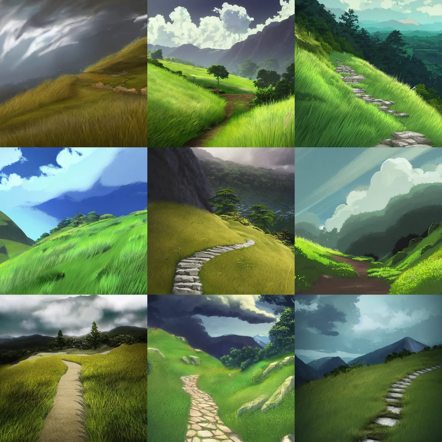 Prompt: a path up a grassy hill, valley, distant mountains, hyperrealistc storm clouds, distant rain, artstation, by studio ghibli