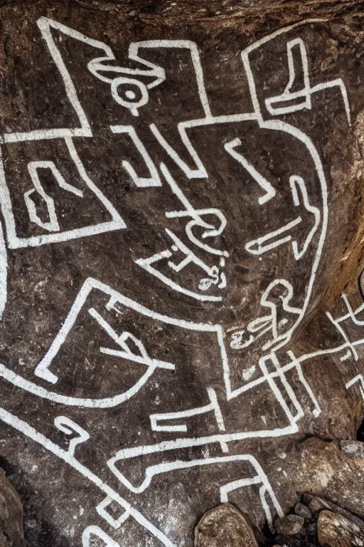 Image similar to 4 k photography of petroglyphs representing crosses, ufo and alien symbols on a cave