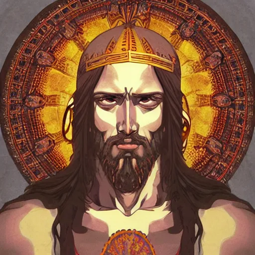 Prompt: 4K headshot of godlike Jesus of Nazareth with defined arms and open hands and bloody clothes with giant mandala wings , intricate face , flawless anime cel animation by Kentaro Miura, psychedelic , highly detailed upper body , professionally post-processed , beautiful, scary, symmetry accurate features, epic, octane rendered, anime masterpiece, accurate by Craig Mullins, ilya kuvshinov, krenz cushart, epic , artgerm trending on artstation by Edward Hopper and Dan Mumford and WLOP and Rutkovsky, beksinski carl spitzweg moebius and tuomas kocar, intricate artwork by caravaggio, Unreal Engine 5, Lumen, Nanite