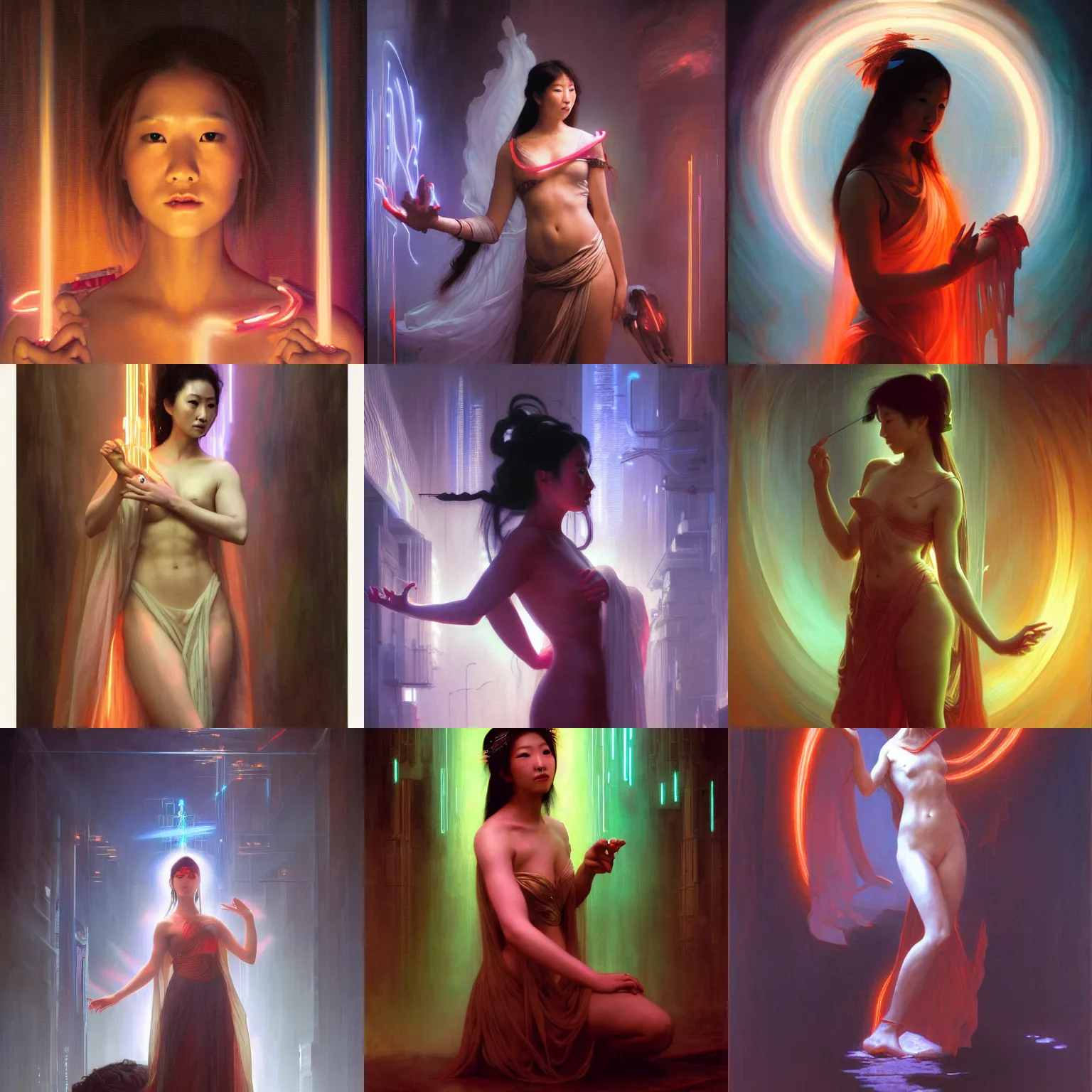 Prompt: awe-inspiring award-winning concept art painting of attractive Ashley Liao in neon shrouds as the goddess of lasers, sparks, by Michael Whelan, William Adolphe Bouguereau, John Williams Waterhouse, and Donato Giancola, cyberpunk, extremely moody lighting, glowing light and shadow, atmospheric, shadowy, cinematic, 8K,