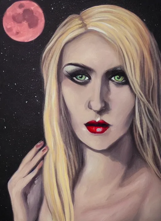 Prompt: portrait of beautiful blonde woman as a Dark evil witch, big moon in the background, oil painting by devil