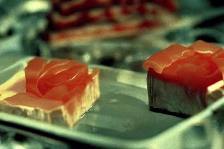 Image similar to tuna and cheese aspic in cyberspace, in 1 9 9 5, y 2 k cybercore, industrial low - light photography, still from a ridley scott movie