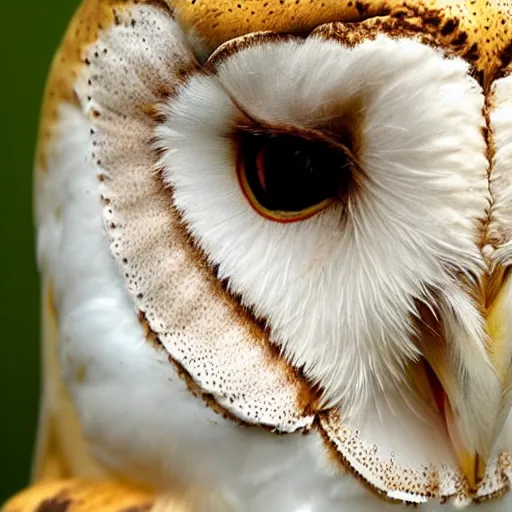 Prompt: a close up portrait of a barn owl's face altered by sickness