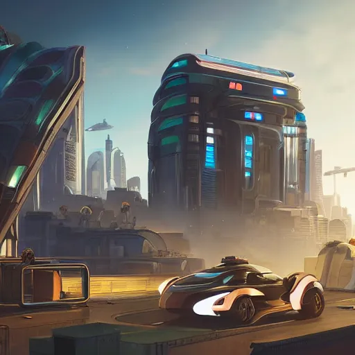 Image similar to glowing sci-fi building in a pleasant urban setting with a futuristic car alongside, peaceful, majestic, a sense of optimism, in style of apex legends, art station, ultra hd, soft light, overhead sun, ultra hd, art station