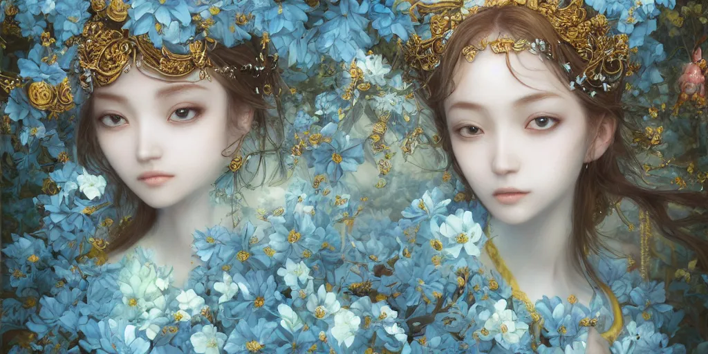 Image similar to breathtaking detailed concept art painting of the in love goddess of light blue flowers, orthodox saint, with anxious, piercing eyes, ornate background, amalgamation of leaves and flowers, by Hsiao-Ron Cheng, James jean, Miho Hirano, Hayao Miyazaki, extremely moody lighting, 8K