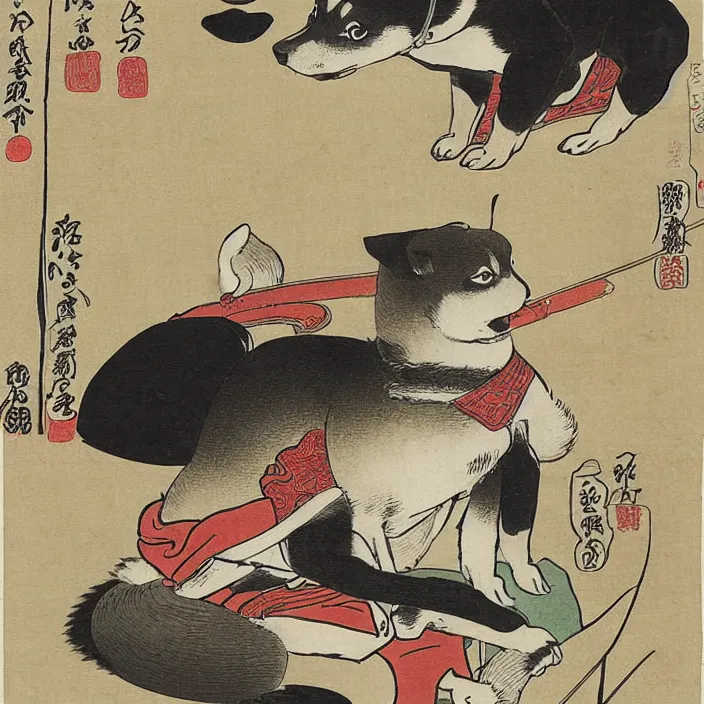 Prompt: a shiba-inu-samurai waking up from a nap, artwork on loan from the historical dog society of japan, by Utagawa Kuniyoshi