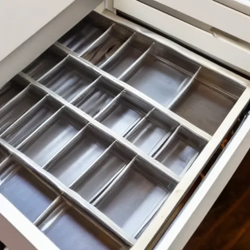 Prompt: a partially opened silverware drawer