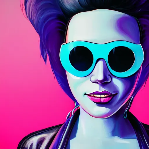 Image similar to closeup painting of a very beautiful young mexican cyberpunk woman with a smile, light blue retro slotted shades on her face, and a purple coloured leather jacket, one side haircut, long brown hair with light blue ends, portrait, sci - fi, hyperdetailed, cgsociety, synthwave by tangerine dream, by jean - michel jarre, by vangelis, by john carpenter