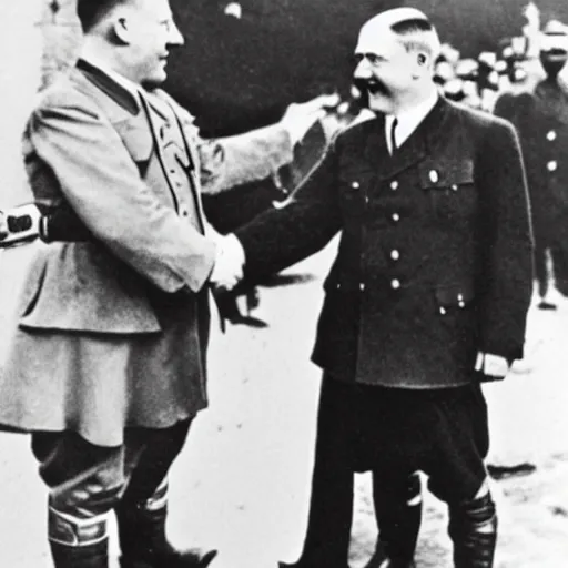 Image similar to adolf hitler shaking hands with shrek