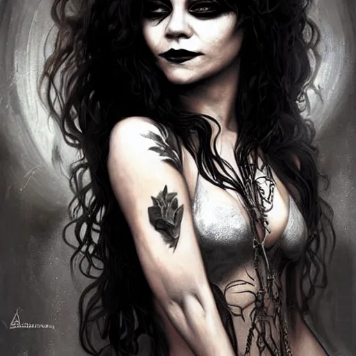 Image similar to beautiful portrait of vanessa hudgens as death from sandman, smiling, by cedric peyravernay, alphonse mucha, by jeremy mann, by lecouffe deharme, goth chic, soft lightning, eyeliner, punk rock, high detailed, 8 k