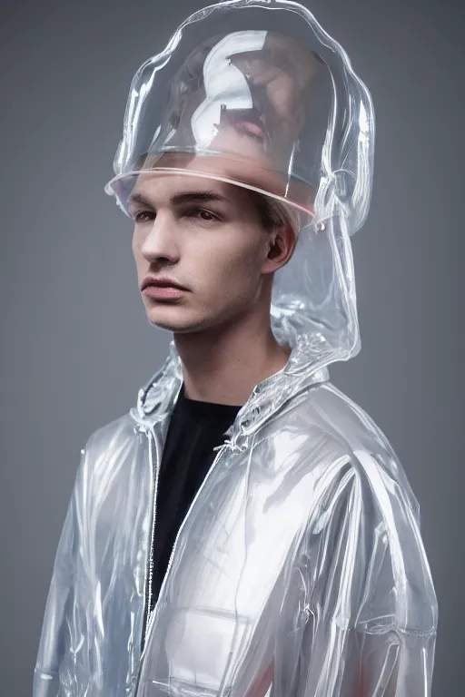 Image similar to an ultra high definition professional high fashion portrait studio full length photograph of a male model wearing a transparent pearlescent raincoat and neon visor sitting on a sofa in an icelandic black rock environment at dawn. no artefacts. extremely detailed. stark. refraction. shallow depth of field. volumetric light and shadow. ray tracing. light rays.