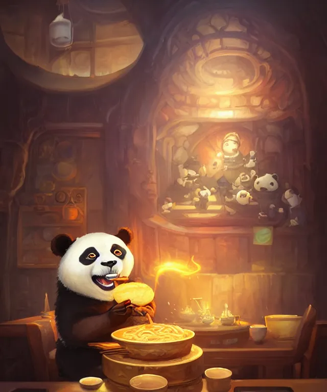 Prompt: a portrait an anthropomorphic panda mage eating ramen, wearing mage robes, restaurant in background, cute and adorable, dnd character art portrait, well rendered matte fantasy painting, deviantart artstation, by jason felix by steve argyle by tyler jacobson by peter mohrbacher, cinematic lighting