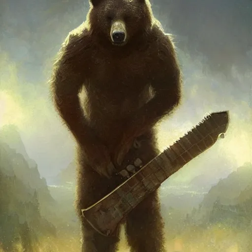 Prompt: realistic bear playing futuristic minimalistic axe-shaped guitar, fantasy character portrait by Greg Rutkowski, Craig Mullins, Gaston Bussiere