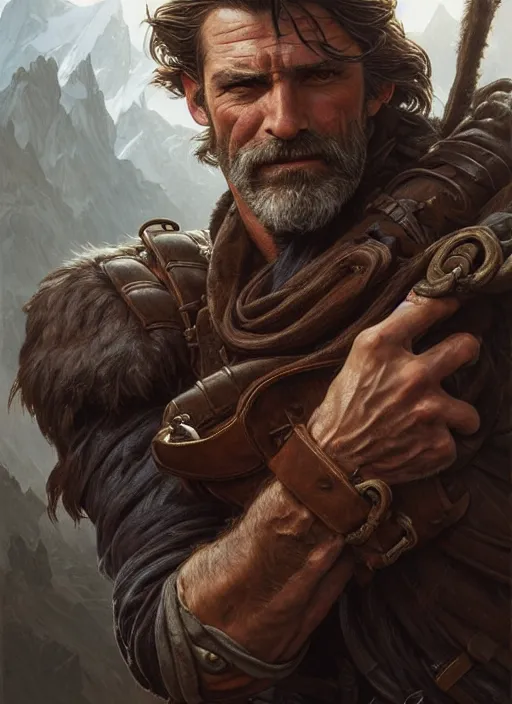 Image similar to portrait of a ruggedly handsome ranger, hands details, muscular, half body, leather, hairy, d & d, fantasy, intricate, elegant, highly detailed, digital painting, artstation, concept art, smooth, sharp focus, illustration, art by artgerm and greg rutkowski and alphonse mucha