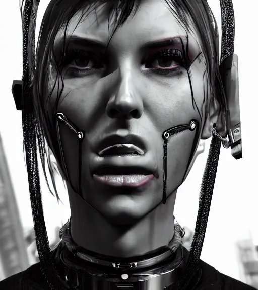 Image similar to detailed realistic female character cyberpunk wearing thick steel collar around neck, realistic, art, beautiful, 4K, collar, choker, collar around neck, punk, artstation, detailed, female, woman, choker, cyberpunk, neon, punk, collar, choker, collar around neck, thick collar, tight around neck, punk,