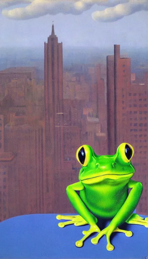 Prompt: one frog with city in the back by René Magritte, detailed, 4k