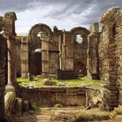 Image similar to roman ruins in the english countryside, dark ages, 8 th century, by james gurney