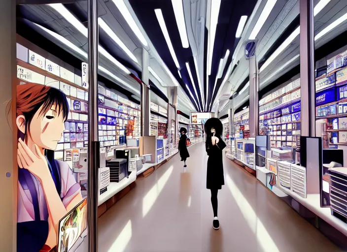 Prompt: lomography, anime, portrait of a young woman in a samsung shop interior shopping, glowing, haruhiko mikimoto, hisashi eguchi, lodoss, dynamic pose and perspective, dramatic lighting, detailed facial features, rounded eyes, sharpened image, yoshinari yoh