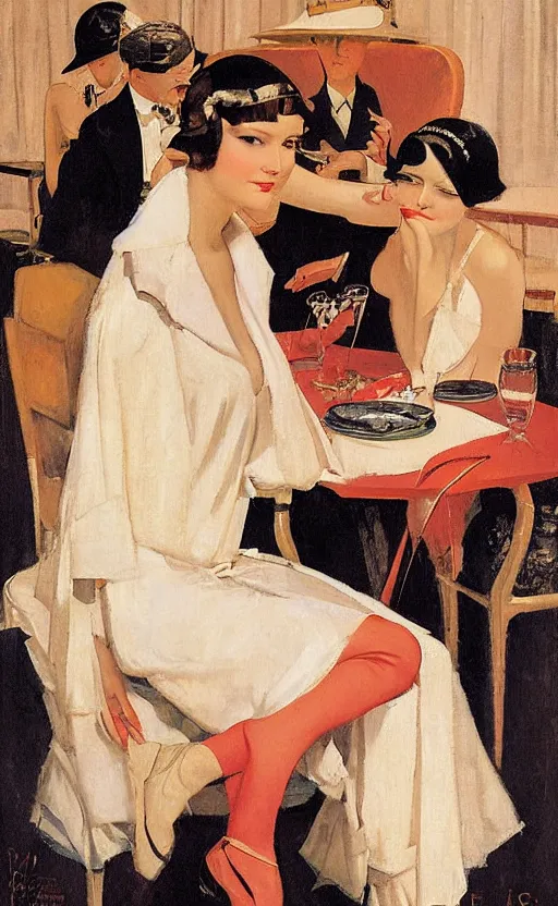 Image similar to an oil painting depicting high society life in the Jazz Age, Fitzgerald, 1920s style, smooth, by Francis Coates Jones, Coles Phillips, Dean Cornwell, JC Leyendecker