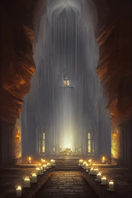 Prompt: detailed Interior of monastery muins, waterfall walls, light of god, light shafts, candles, stunning atmosphere, in style of marc simonetti, cinematic lighting, matte, masterpiece, atmospheric