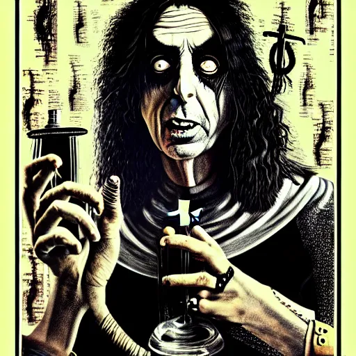 Image similar to graphic illustration, creative design, alice cooper as a nun, biopunk, francis bacon, highly detailed, hunter s thompson, concept art