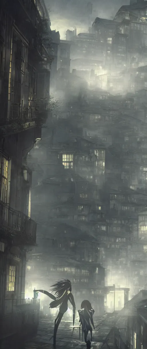 Image similar to lelouch lamperouge and asuka langley running on the roofs in dishonored town, dunwall city, redshift render, cinematic lighting, rainy weather, melancholy atmosphere, dunwall city, volumetric light, octane render, dishonored game, dishonored 1, gothic architecture, atmosphere of depression and despair