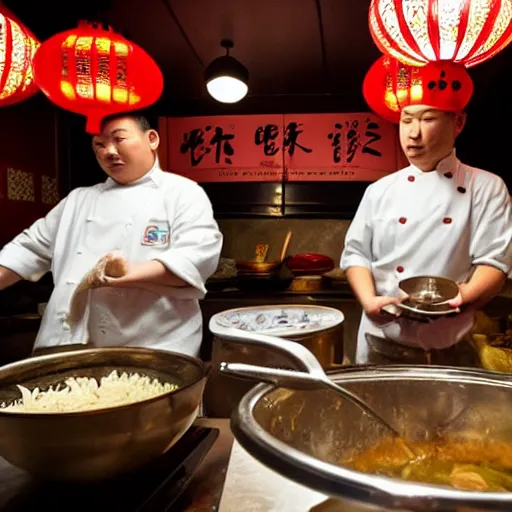 Prompt: Inside a traditional Chinese restaurant, with the chef preparing lots of yakisoba in a giant pot