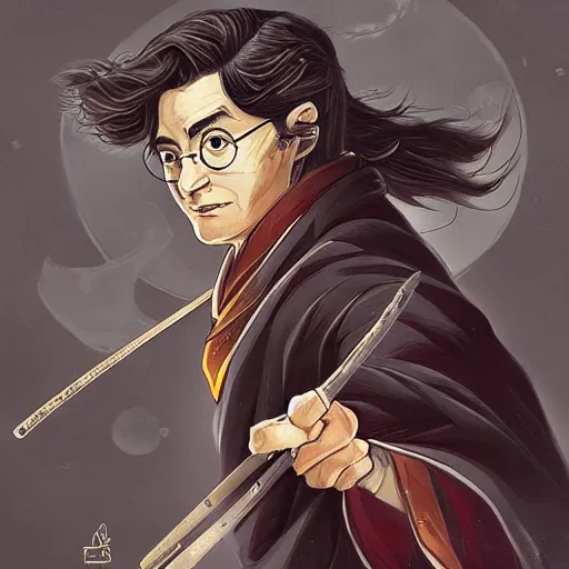 Image similar to harry potter as an samurai, backround dark, highly detailed, digital illustration, trending in artstation, modern painting, smooth, sharp focus, intricate, by peter mohrbacher