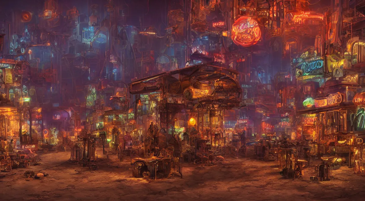 Image similar to a steampunk village in the desert at night, junk everywhere,neon lights, neon signs, magical atmosphere, mist, steam, photo realistic, 35mm, Matte painting, octane render, 8k, corona render, movie concept art by guido borelli da caluso