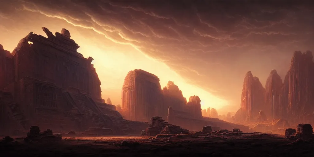 Image similar to strange surface of another planet at sunset ruins of ancient civilization, ultra high definition, ultra detailed, symmetry, god rays, sci - fi, dark fantasy, by greg rutkowski and ross tran