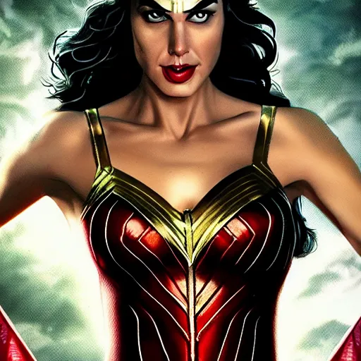 Image similar to an potrait of gal gadot cast of the zatana, photorealistic, high detail, full body shot.