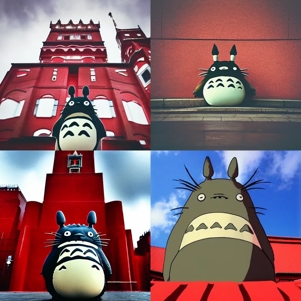 Prompt: “gigantic Totoro in red square, low angle, shot from below, realistic, 4k photo, street photo”
