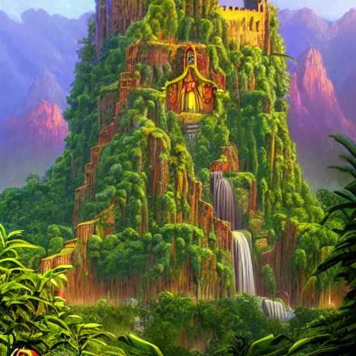 Image similar to rainforest castle on the mountain of magic, artstation, digital art, Darrell K Sweet