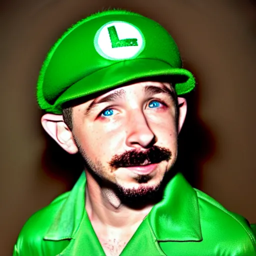 Image similar to uhd candid photo of hyperdetailed shia lebeuouf dressed as luigi. correct face, cinematic lighting, photo by annie leibowitz, and steve mccurry.