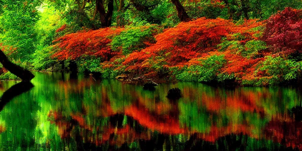 Image similar to beautiful dryads, paradise forest, colorful leaves, reflections, river, grove glen, digital art, trending on deviantart