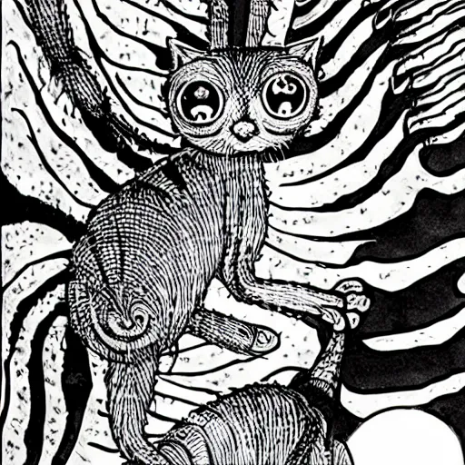 Prompt: a giant deformed cat with spider legs and a thousand eyes, by junji ito.