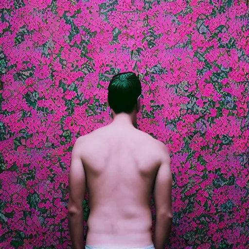 Prompt: kodak portra 4 0 0 photograph of a skinny blonde guy standing in front of floral wallpaper, back view, moody lighting, telephoto, 9 0 s vibe, blurry background, vaporwave colors, faded!,